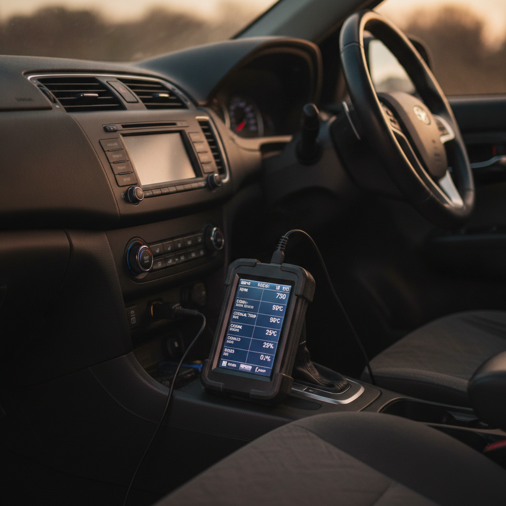 automotive diagnostic scanner plugged into OBD port with display showing data